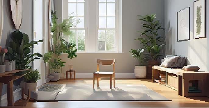 An indoor chair yoga space with a sturdy chair, soft natural light, and calming decor, creating a peaceful atmosphere.