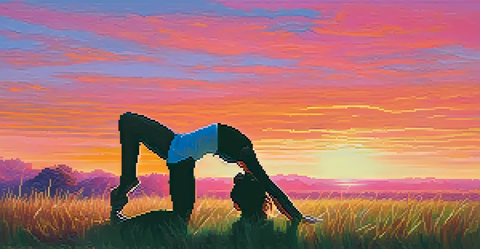 A person performing the Downward Dog yoga pose on grass during a beautiful sunset with colorful skies.