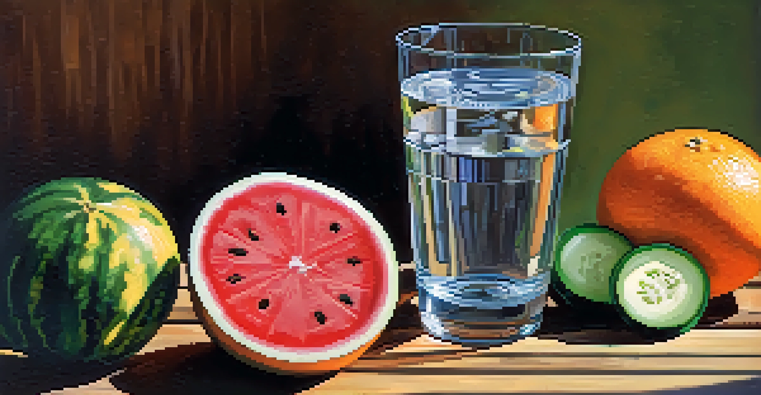 A close-up of a glass of water beside colorful fruits, showcasing their freshness and hydration.