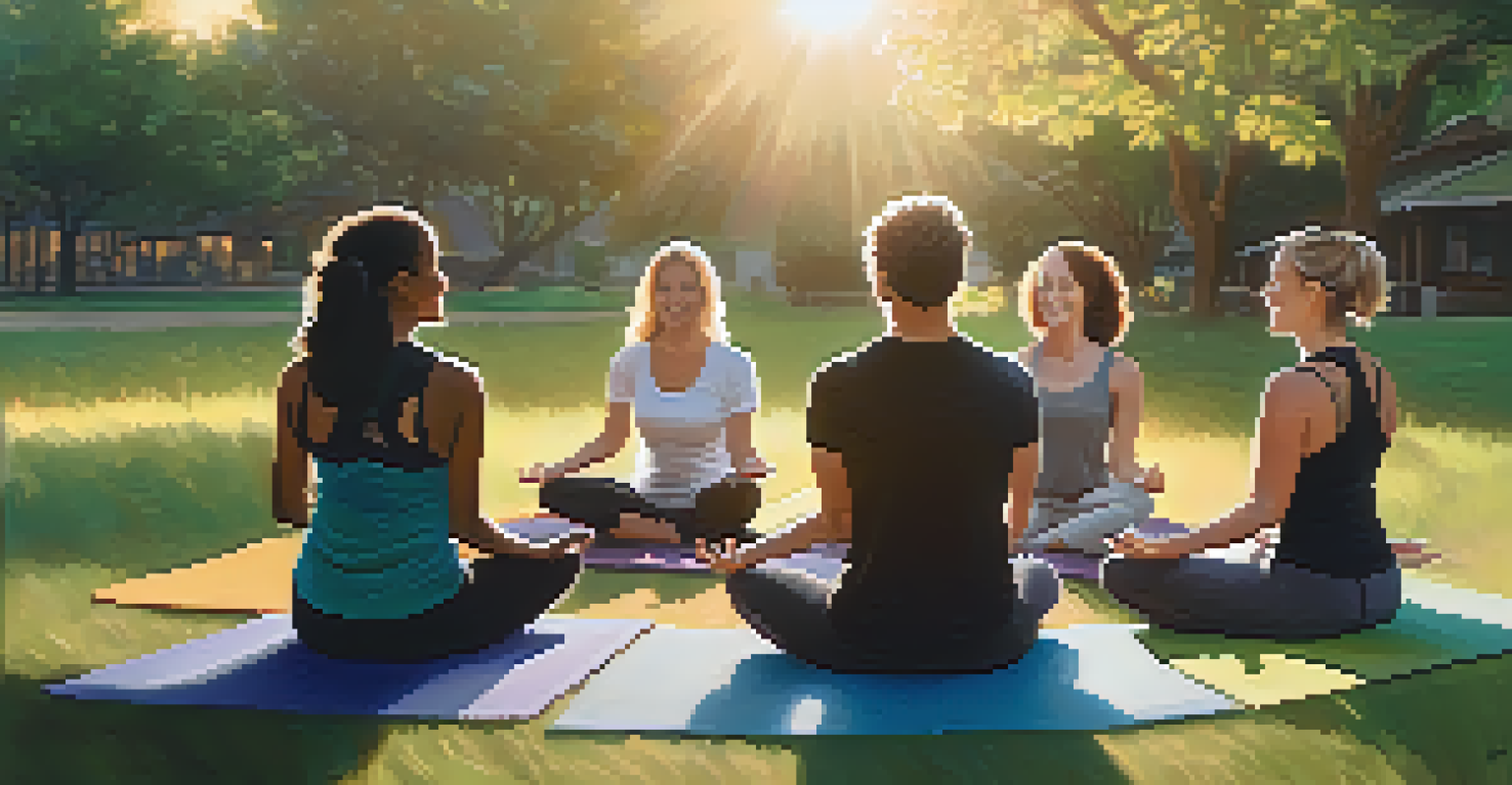 A diverse group of individuals seated in a circle during a mindfulness exercise in a peaceful outdoor setting at sunset.