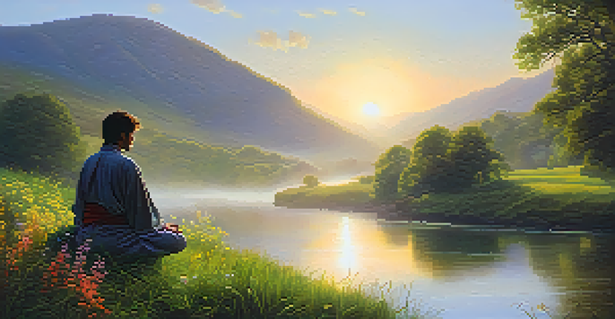 A person meditating by a peaceful river in a lush green valley with wildflowers and a rising sun.