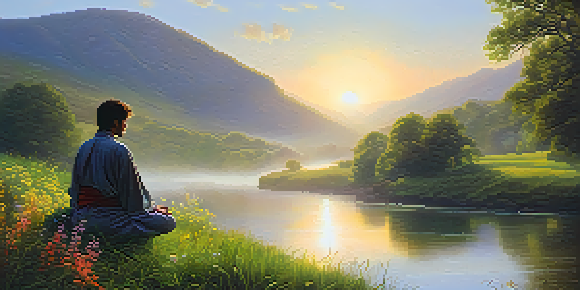 A person meditating by a peaceful river in a lush green valley with wildflowers and a rising sun.
