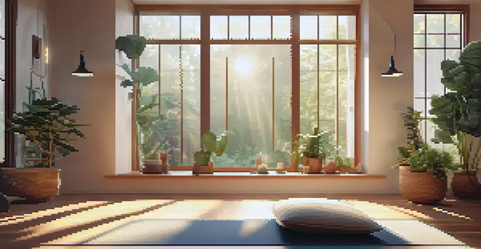 A peaceful yoga space with soft lighting, a comfortable mat, and decorative cushions, surrounded by plants.