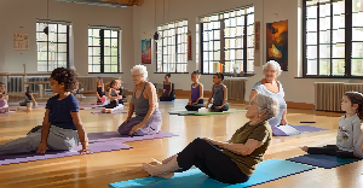 A diverse group of yoga practitioners using props in a class, led by an instructor in a well-lit, welcoming studio.