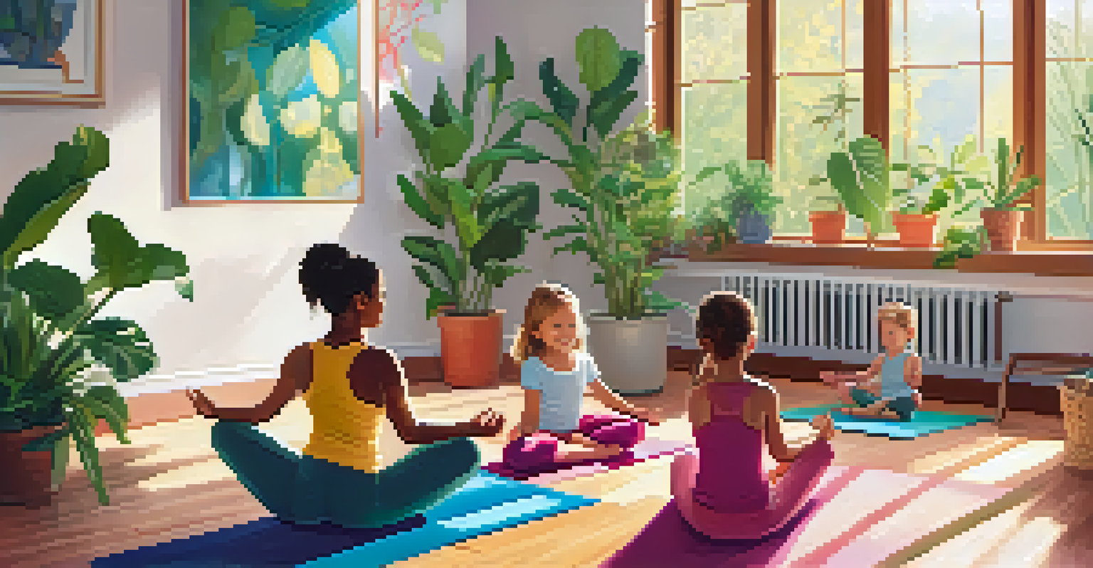 A family of four joyfully practicing yoga poses in a bright room filled with plants.