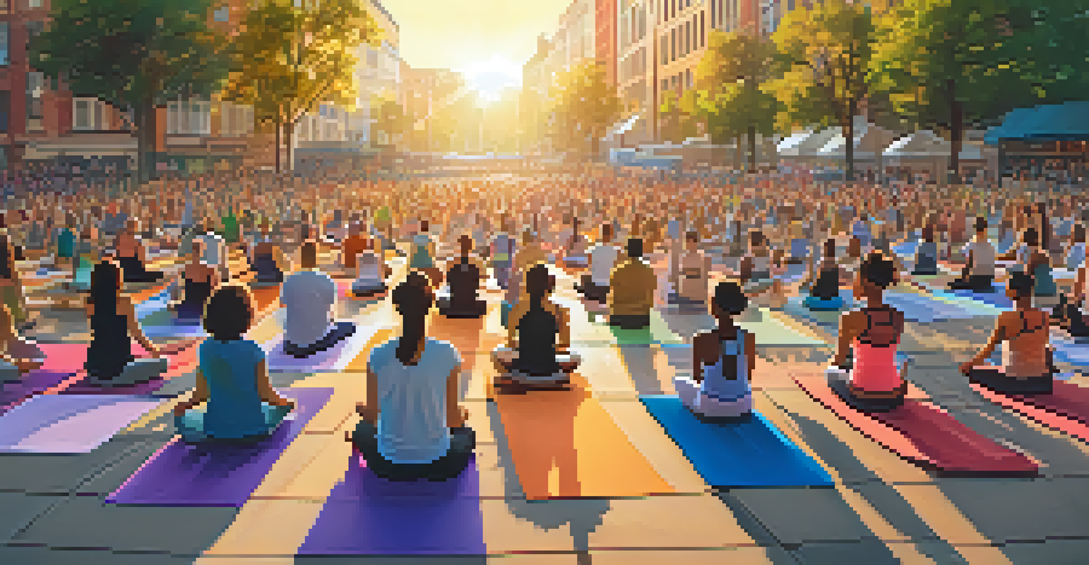 A large group of people practicing yoga in a city square, with colorful banners promoting social justice in the background.