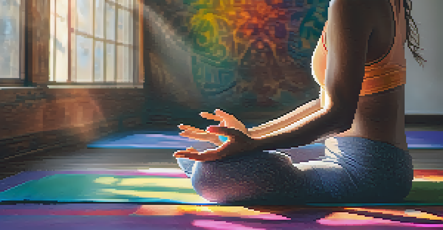 Close-up of hands in a yoga mudra on a colorful yoga mat, with sunlight streaming through a studio window.