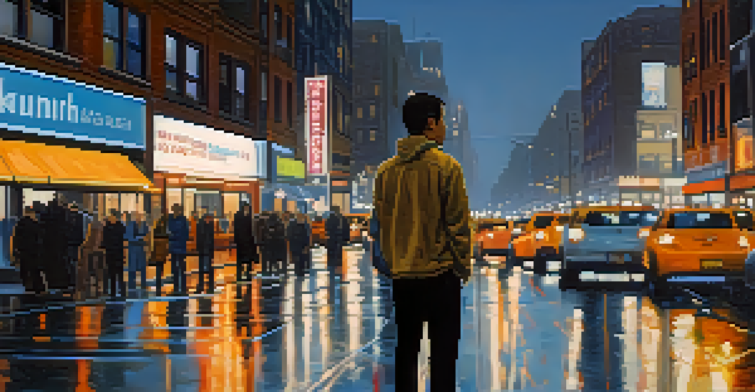 A person practicing mindful breathing in a busy urban setting, surrounded by blurred city life.