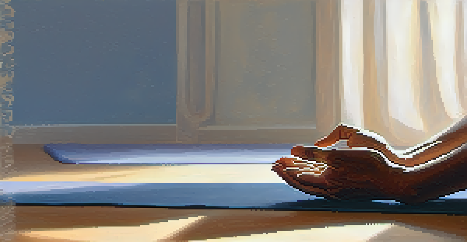 Close-up of hands making a mudra gesture on a yoga mat with a person practicing yoga in the background.