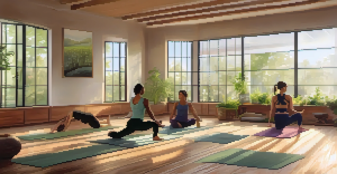 A diverse group practicing Hatha yoga in a bright, serene studio with wooden floors and plants.
