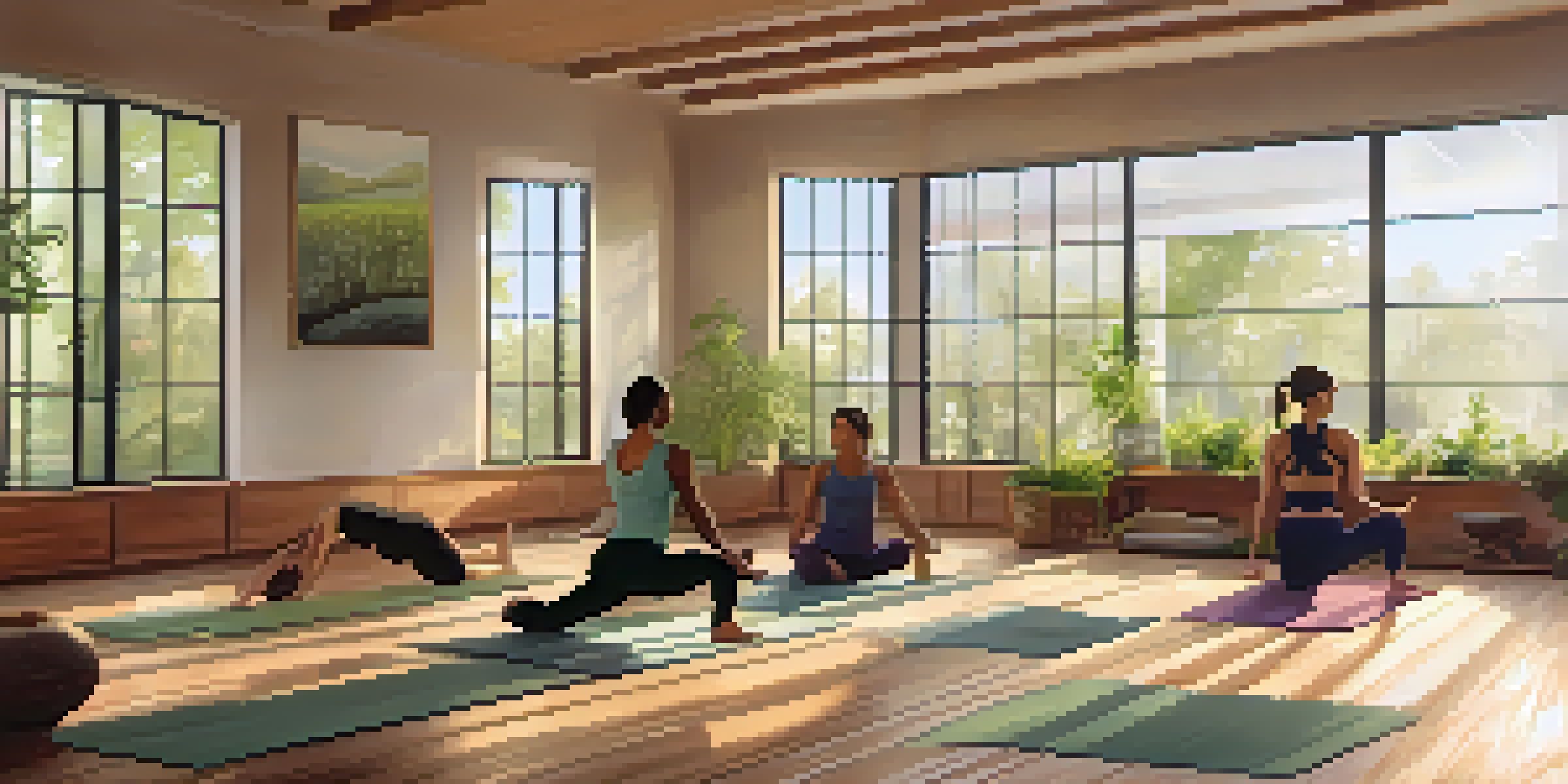 A diverse group practicing Hatha yoga in a bright, serene studio with wooden floors and plants.