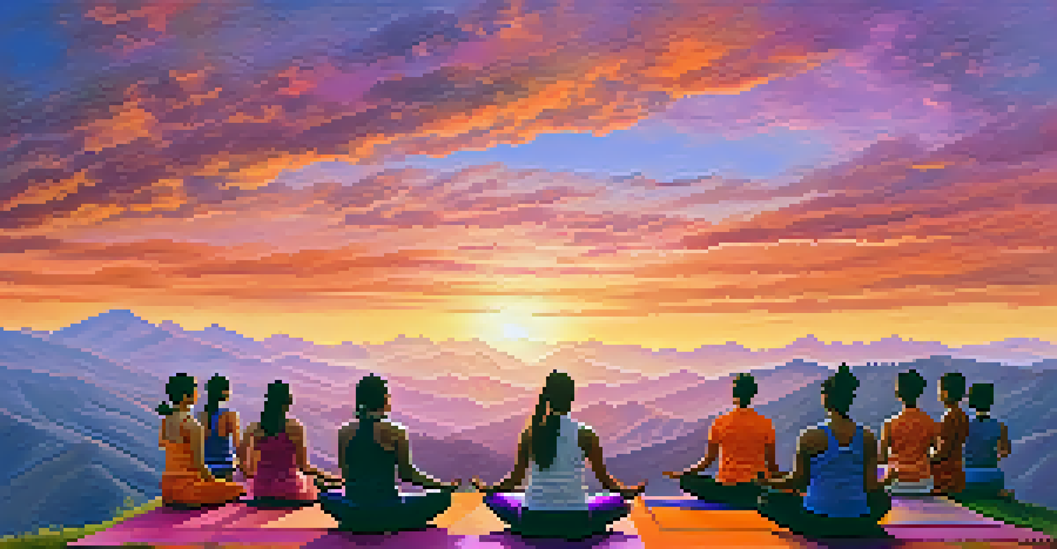 Individuals of various ethnicities practicing yoga on a mountaintop at sunrise, surrounded by breathtaking mountain scenery.