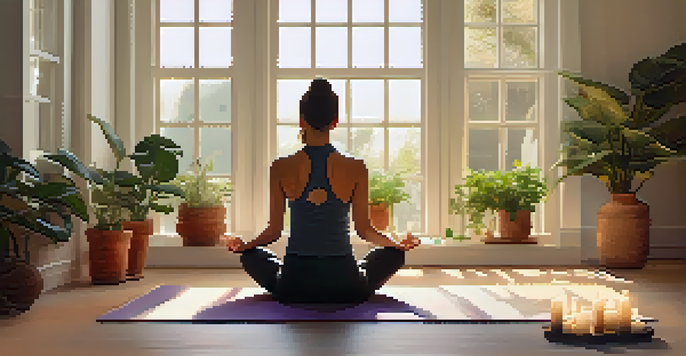 A peaceful indoor yoga space with natural light, featuring a person in Child's Pose on a yoga mat surrounded by plants and candles.
