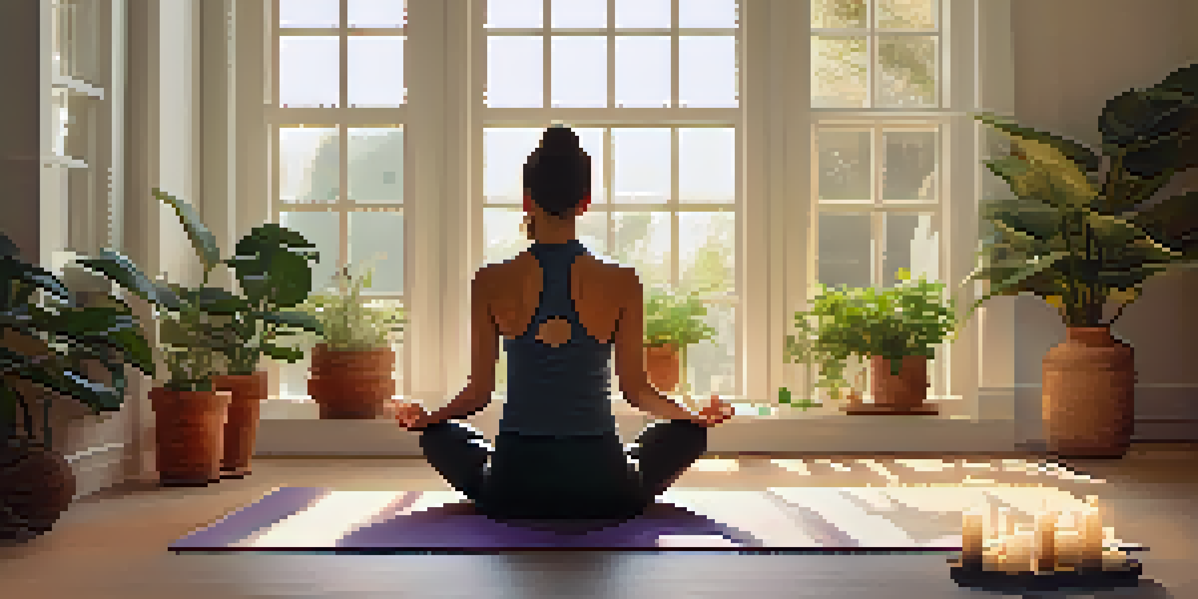A peaceful indoor yoga space with natural light, featuring a person in Child's Pose on a yoga mat surrounded by plants and candles.