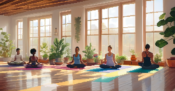 A yoga studio filled with natural light, featuring people of different backgrounds practicing yoga on bright mats surrounded by plants.