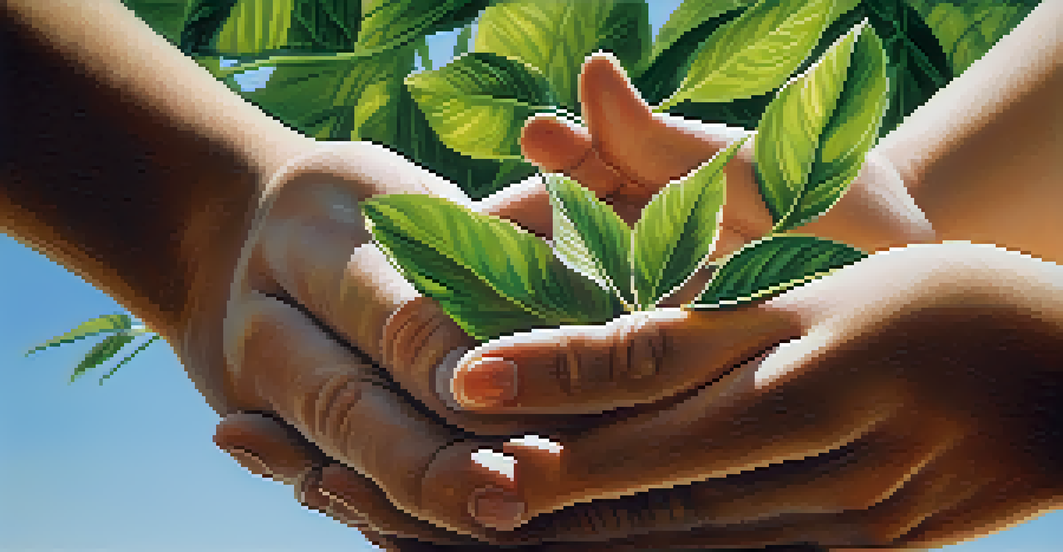 Close-up of two hands clasped together in a gesture of compassion against a peaceful outdoor background.