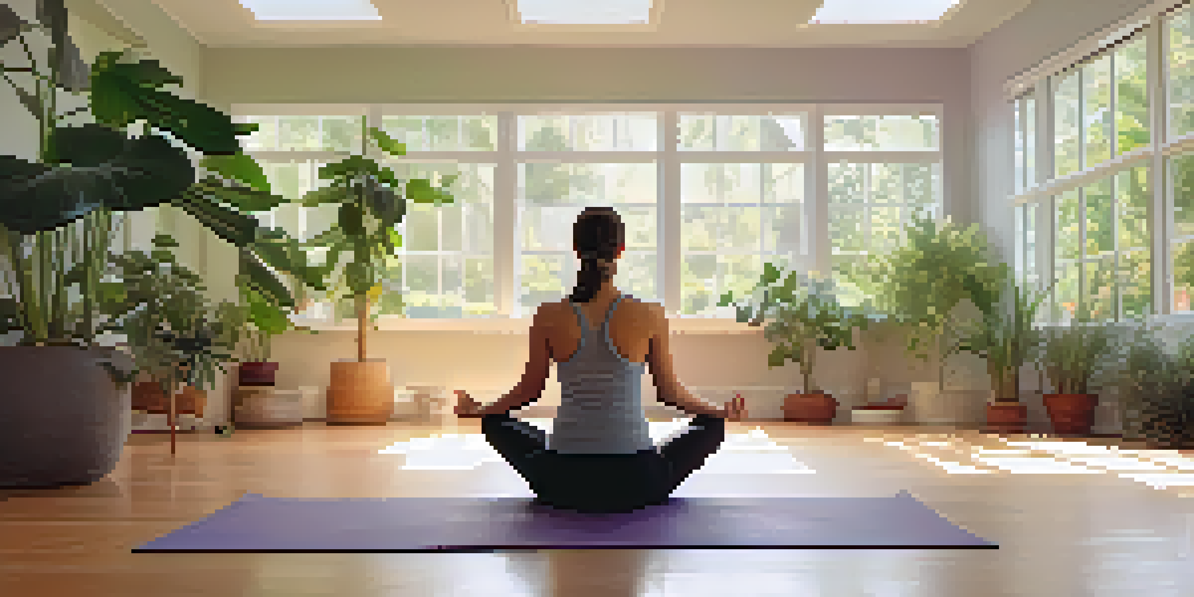 A person sitting in a yoga studio, practicing diaphragmatic breathing with hands on their chest and belly, surrounded by plants and natural light.