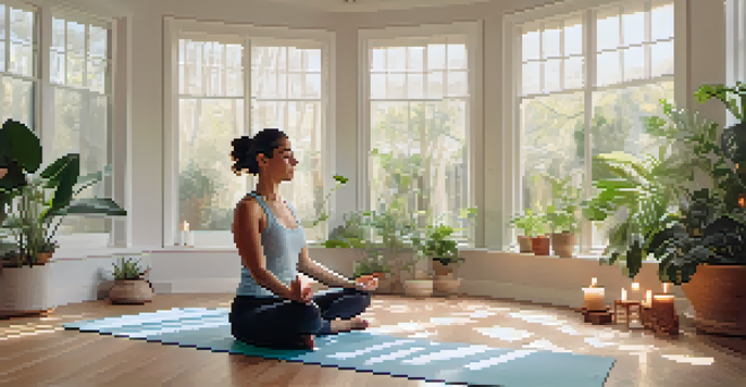 A peaceful yoga studio with a person meditating on a yoga mat, surrounded by plants and soft lighting.