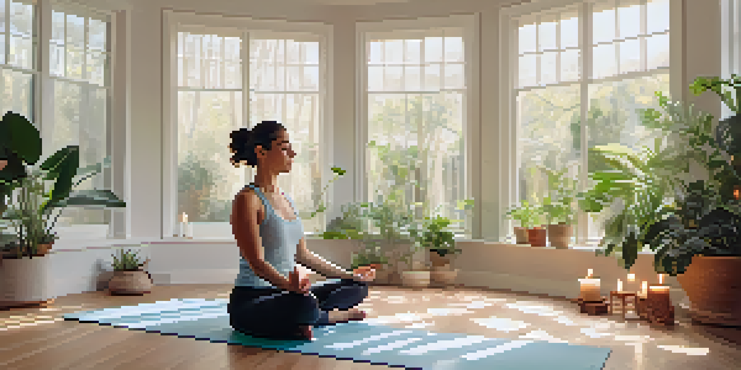 A peaceful yoga studio with a person meditating on a yoga mat, surrounded by plants and soft lighting.