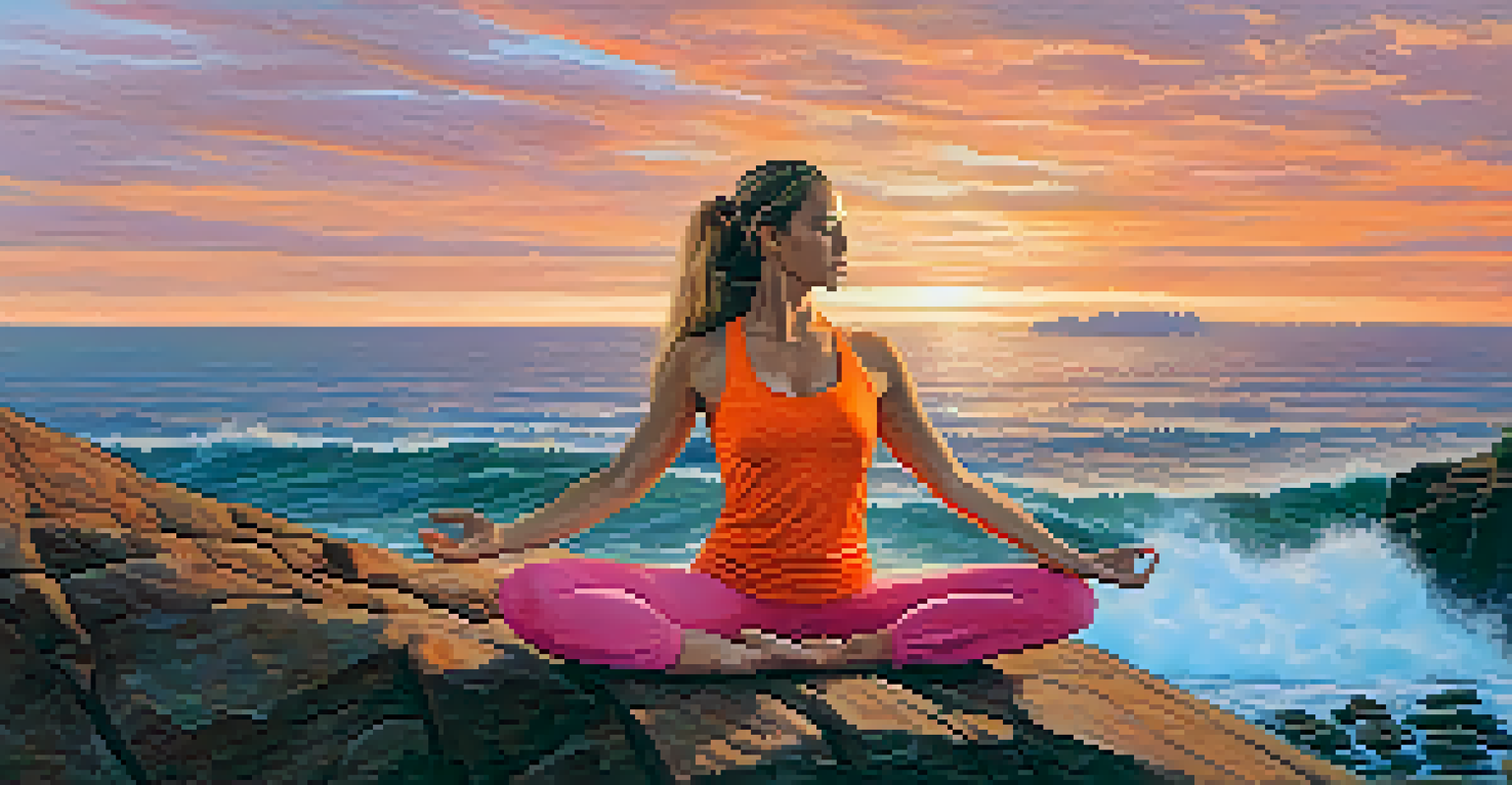 A woman practicing yoga on a cliff during sunset, surrounded by colorful skies and ocean waves, demonstrating strength and grace.