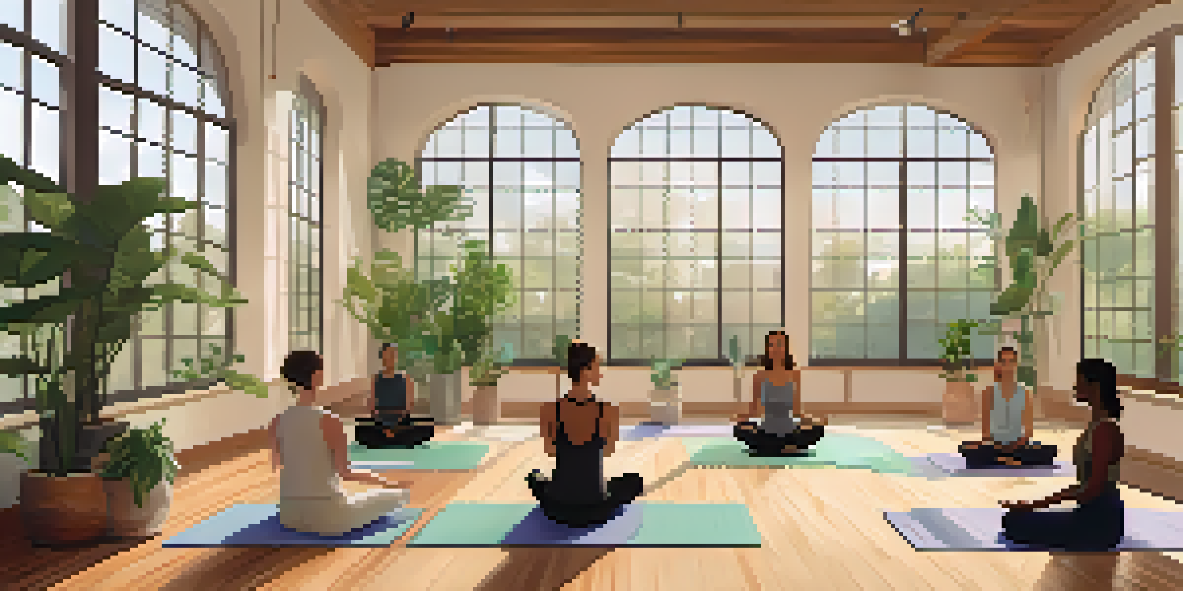A peaceful yoga studio with participants in a circle on yoga mats, discussing in a warm and inviting environment.