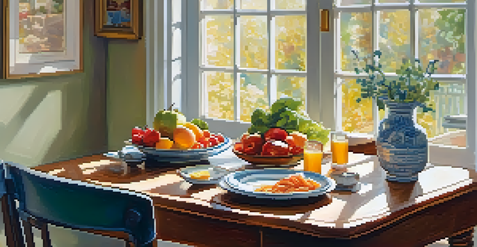 A person enjoying a colorful and healthy meal at a dining table in a well-lit room, with sunlight filtering through the window.