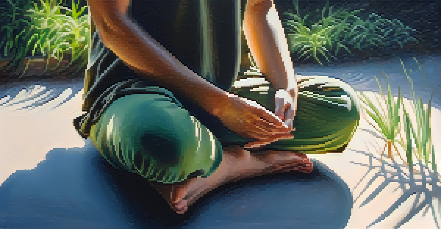 A close-up of hands resting on knees in a meditative pose, with soft sunlight and a blurred green background.