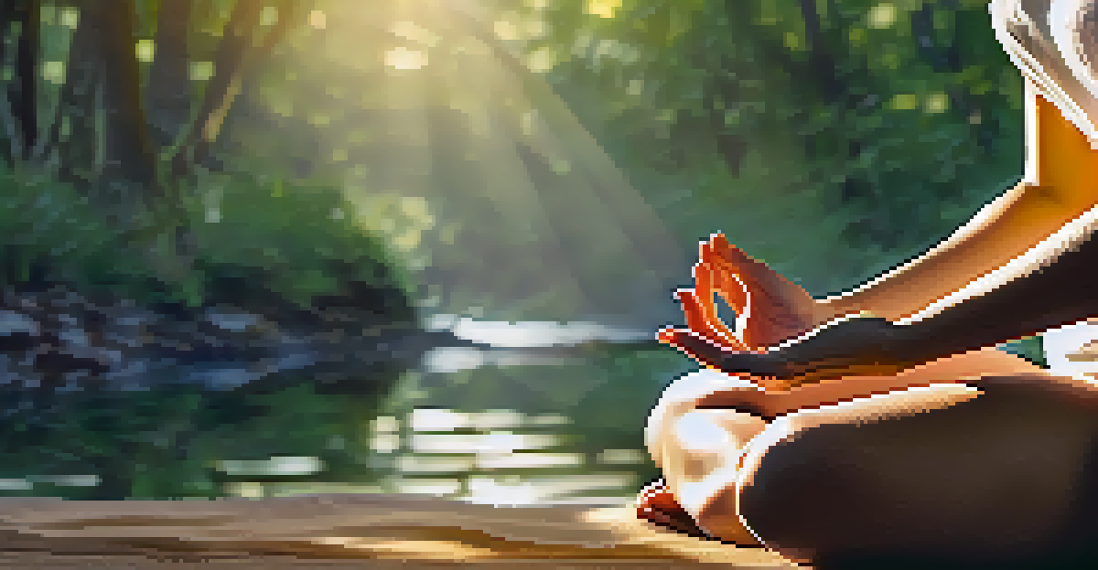 Close-up of hands in a mudra pose during meditation, with a blurred nature scene in the background.
