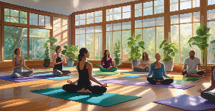 A diverse group of individuals practicing Hatha yoga in a bright, serene studio, with soft natural light and colorful mats.