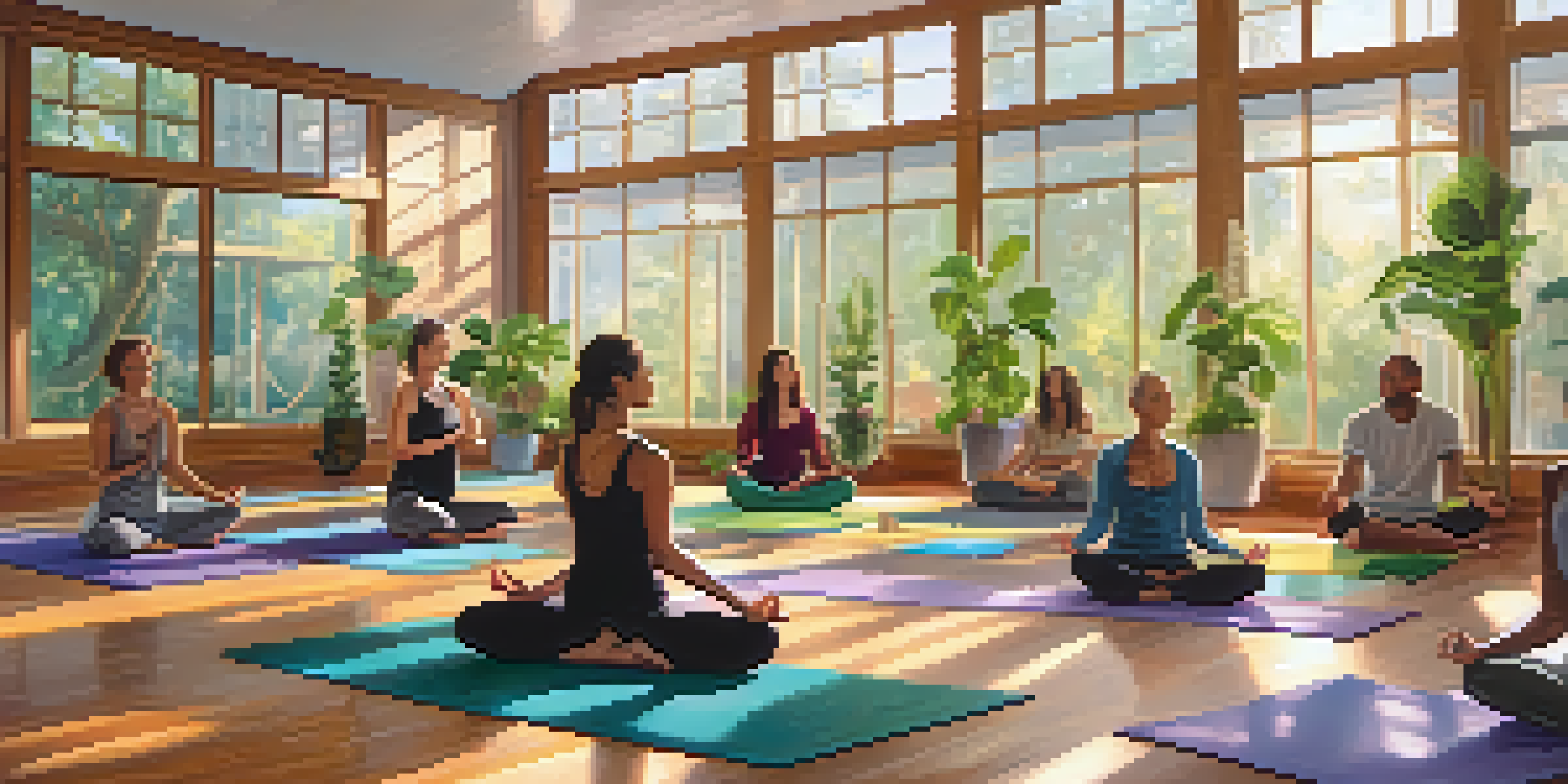 A diverse group of individuals practicing Hatha yoga in a bright, serene studio, with soft natural light and colorful mats.
