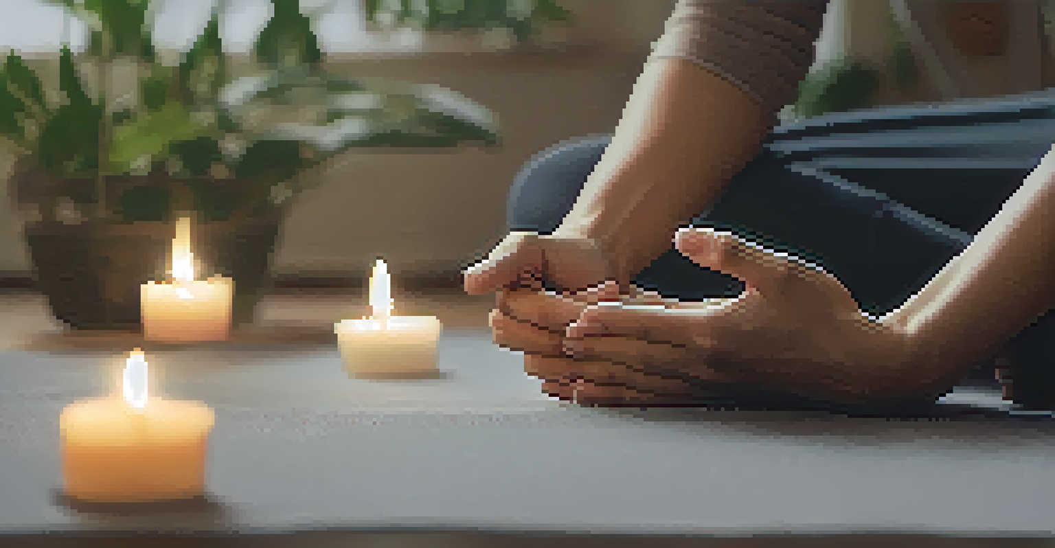 Close-up of hands in a meditative gesture, set in a cozy indoor yoga space with candles and plants.