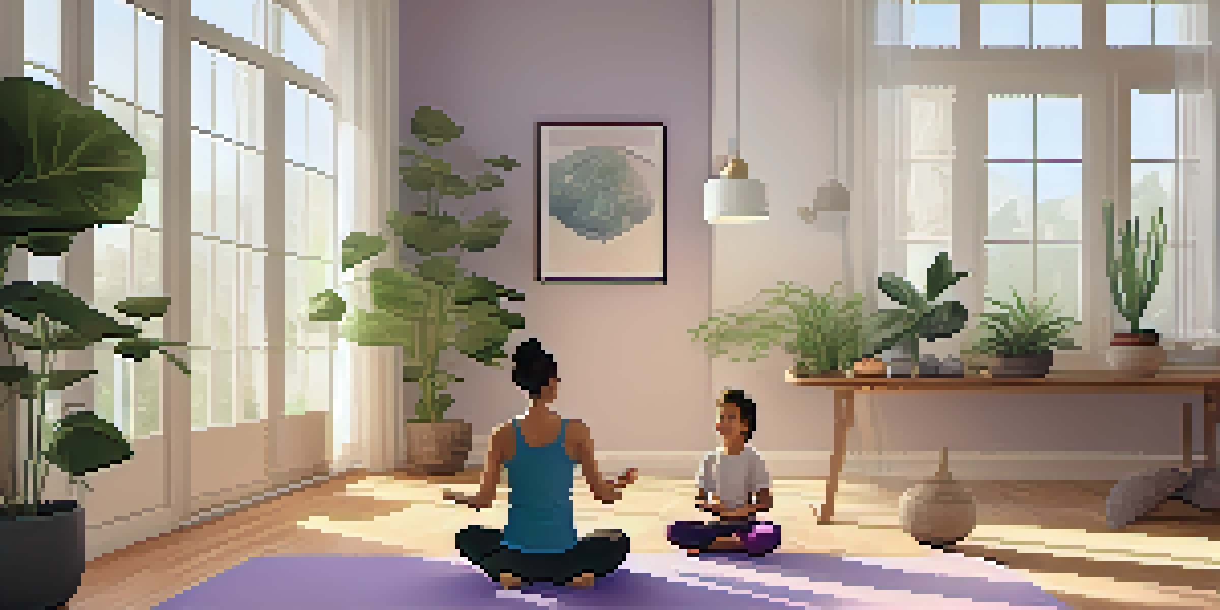 A parent and child practicing yoga in a cozy, plant-filled corner of their home, with soft lighting and calming decorations.