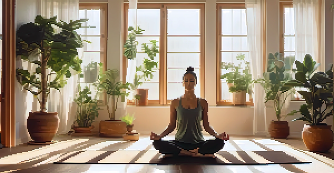 A person meditating on a yoga mat in a sunlit room filled with plants and natural wooden decor.