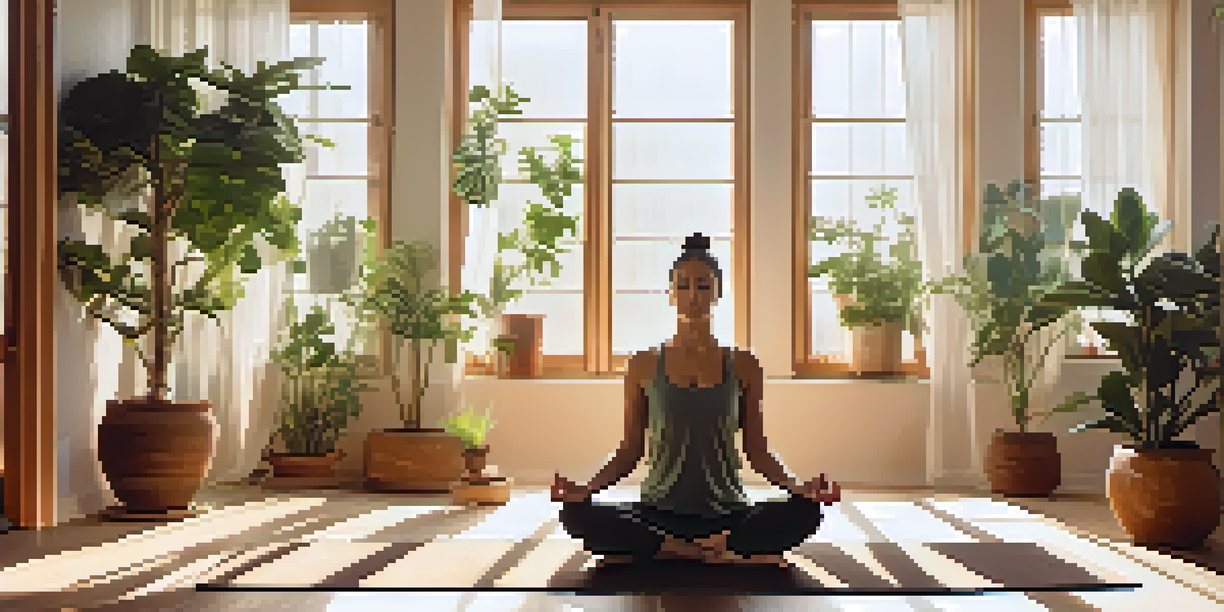 A person meditating on a yoga mat in a sunlit room filled with plants and natural wooden decor.