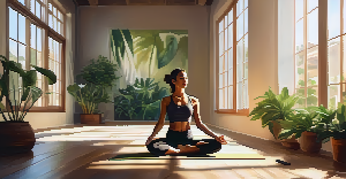 A person practicing yoga in a sunlit room filled with indoor plants, creating a peaceful and calming environment.