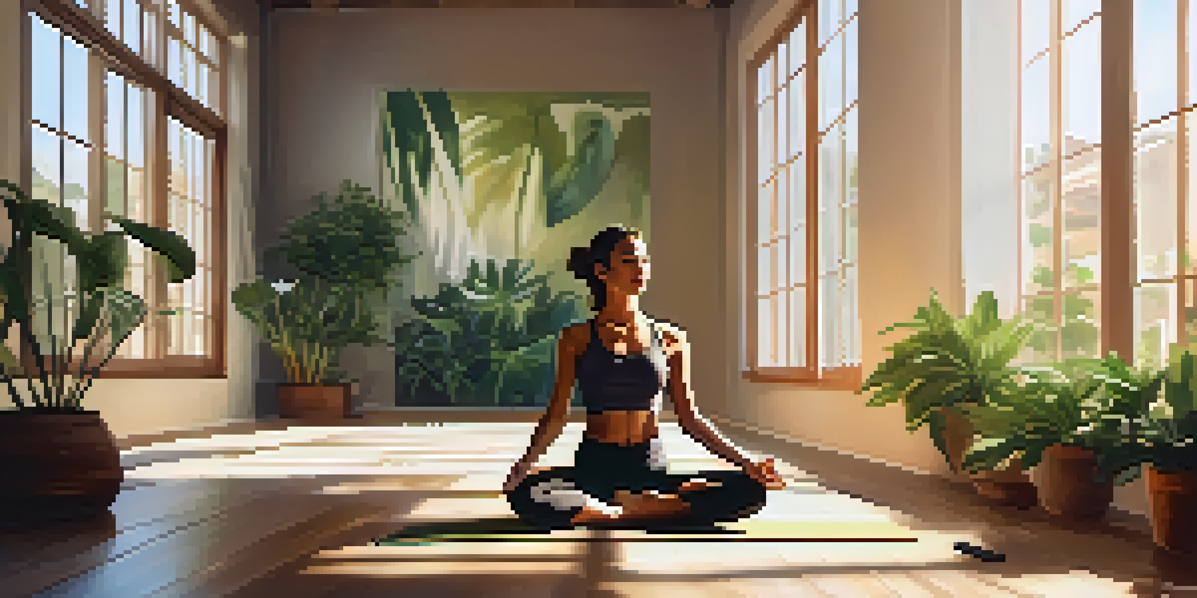 A person practicing yoga in a sunlit room filled with indoor plants, creating a peaceful and calming environment.