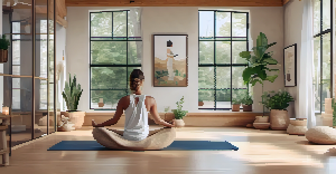 A calm yoga studio with natural lighting, featuring eco-friendly yoga gear and a person practicing yoga.