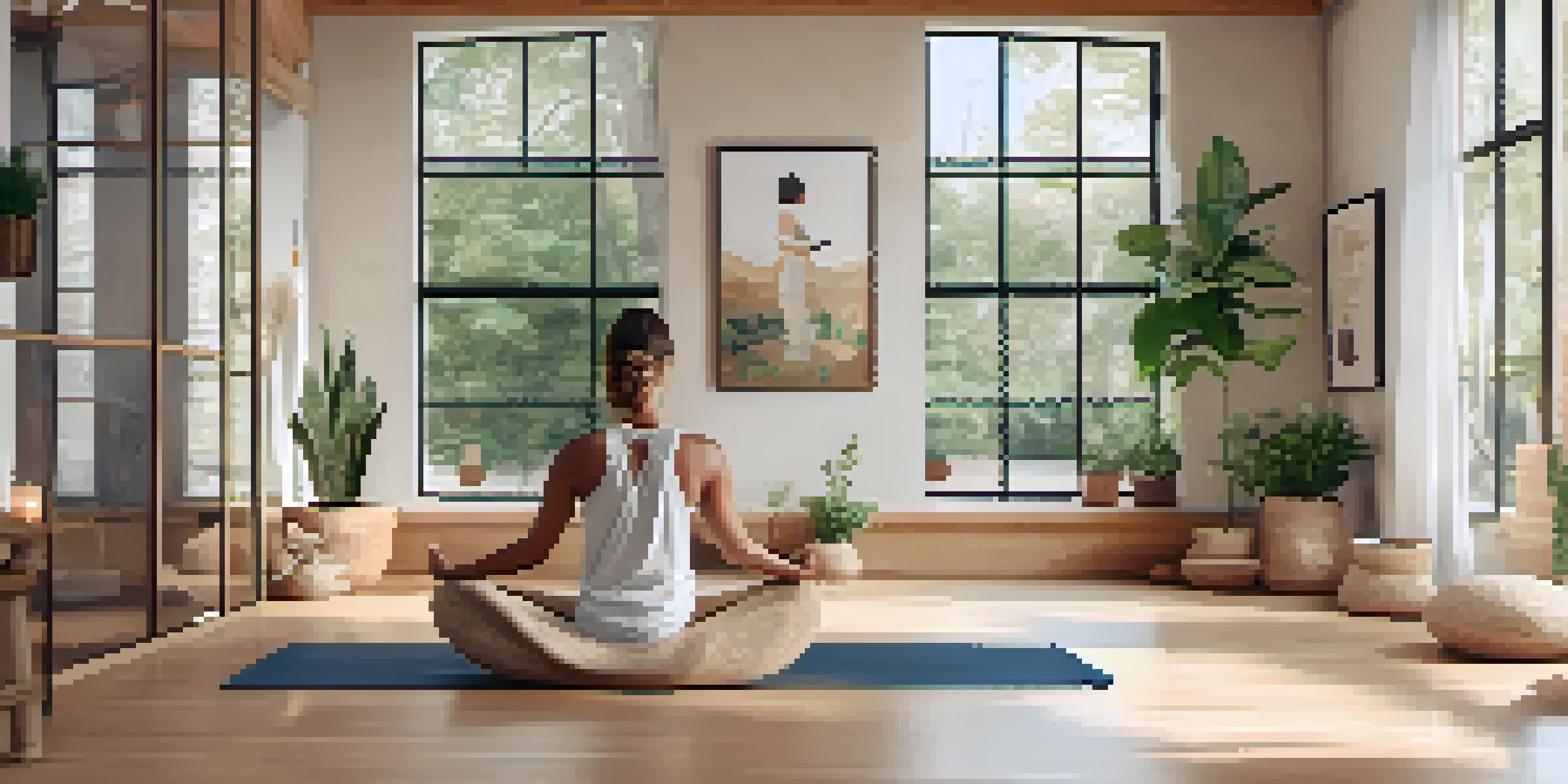 A calm yoga studio with natural lighting, featuring eco-friendly yoga gear and a person practicing yoga.