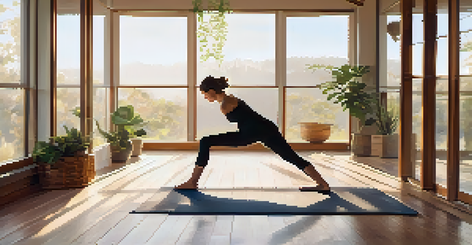 A person practicing mindfulness yoga in a bright and peaceful studio with plants and wooden floors.