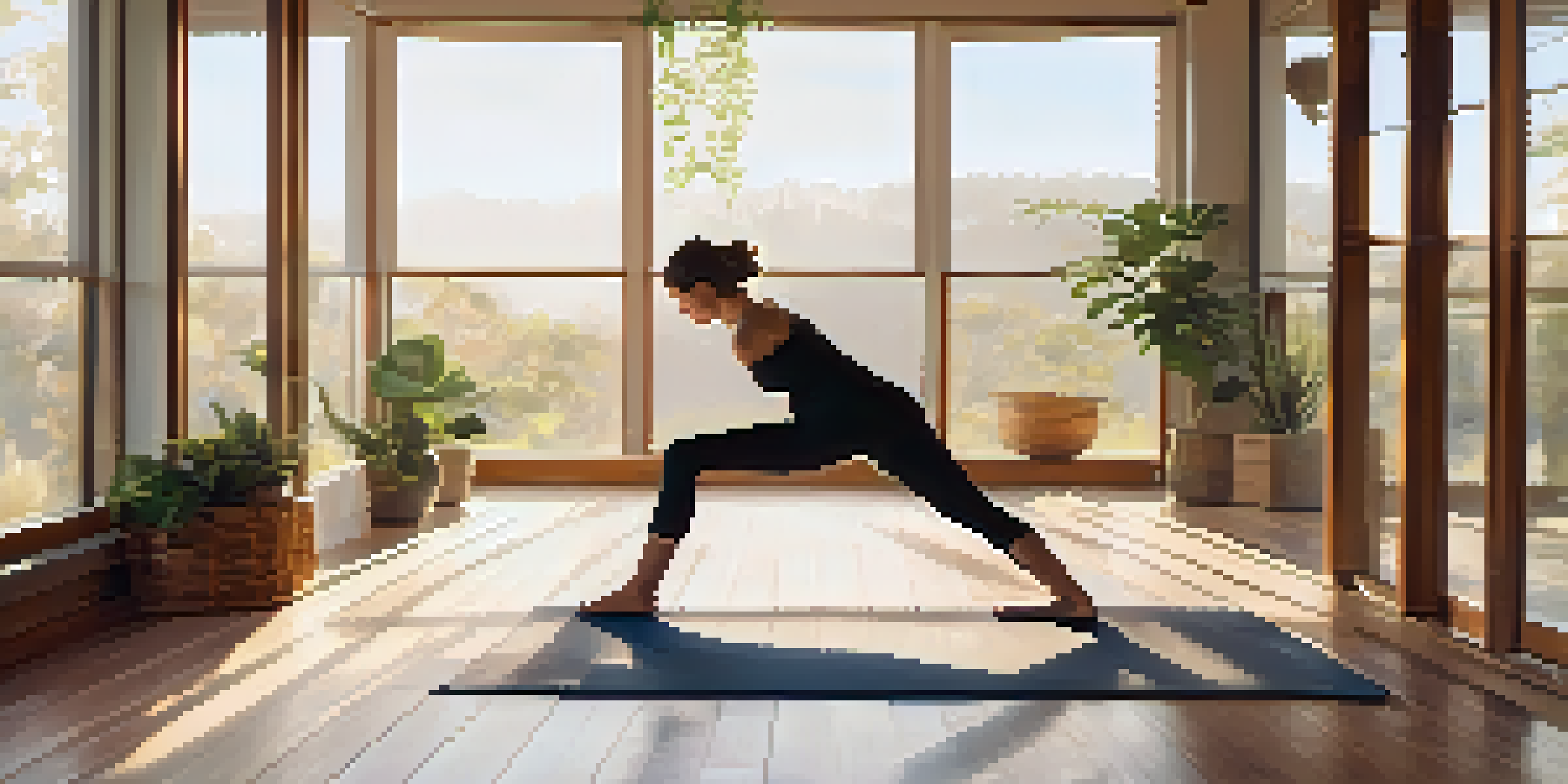 A person practicing mindfulness yoga in a bright and peaceful studio with plants and wooden floors.