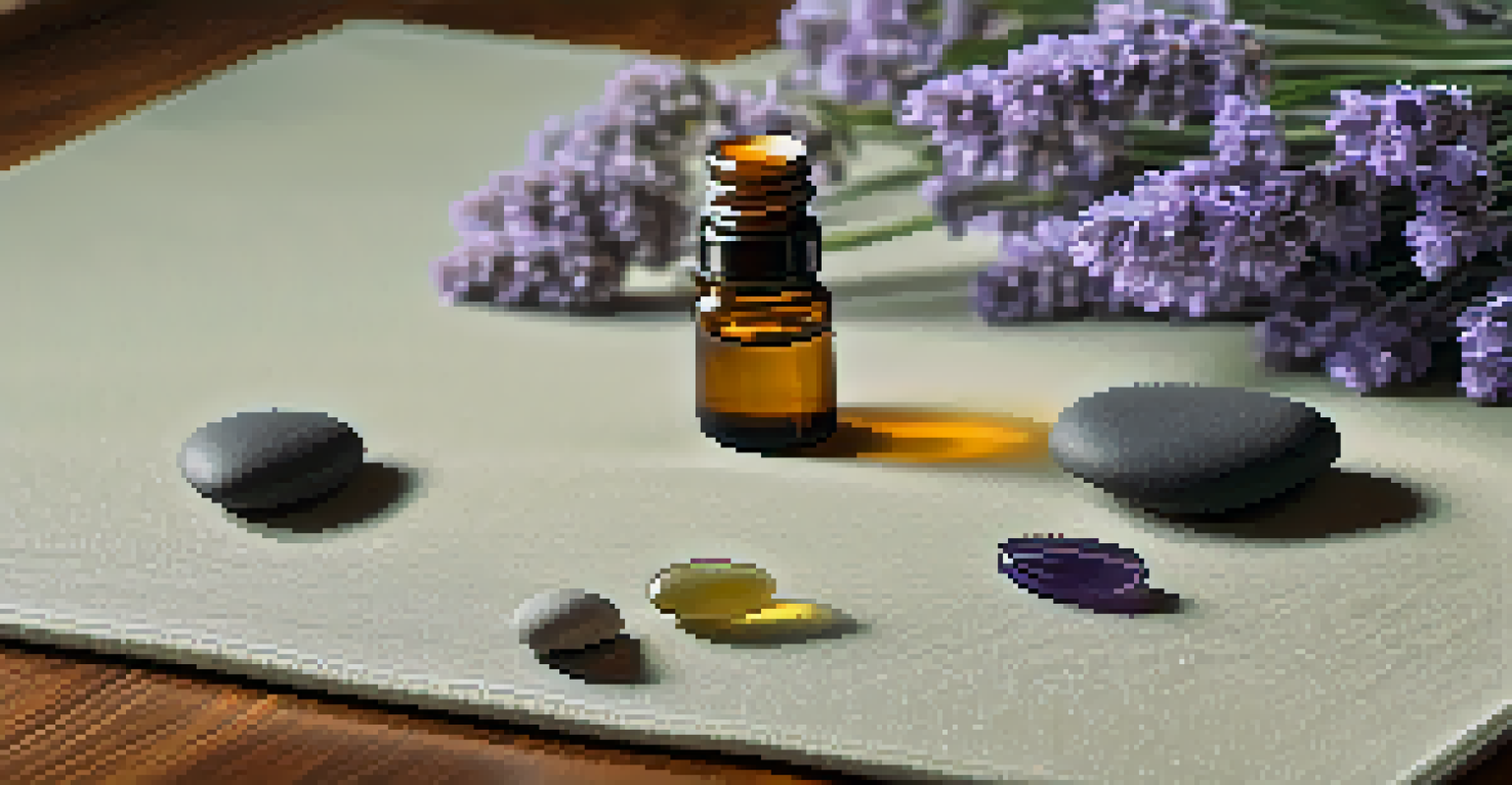 A close-up of a yoga mat with essential oils, surrounded by a calming yoga space with soft lighting.