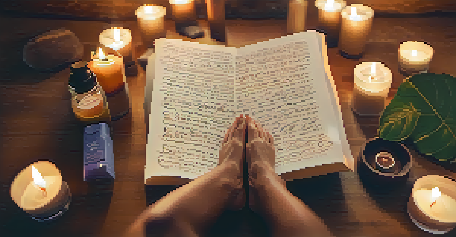 Close-up of a yoga mat with a handwritten intention, surrounded by candles and essential oils, set in a warmly lit environment.