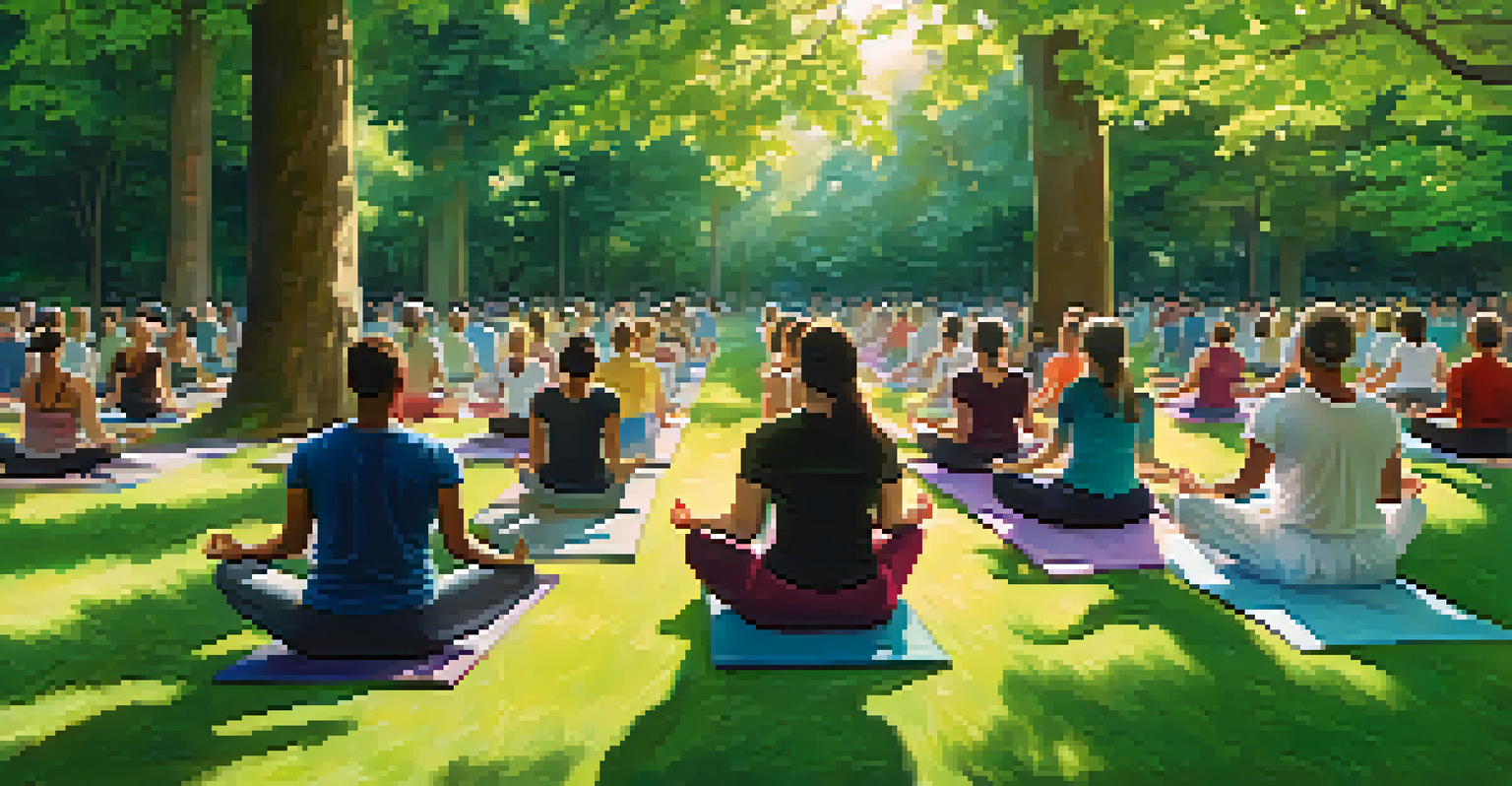 Participants in an outdoor yoga class sitting in a park, practicing mindfulness with eyes closed, surrounded by greenery and flowers.