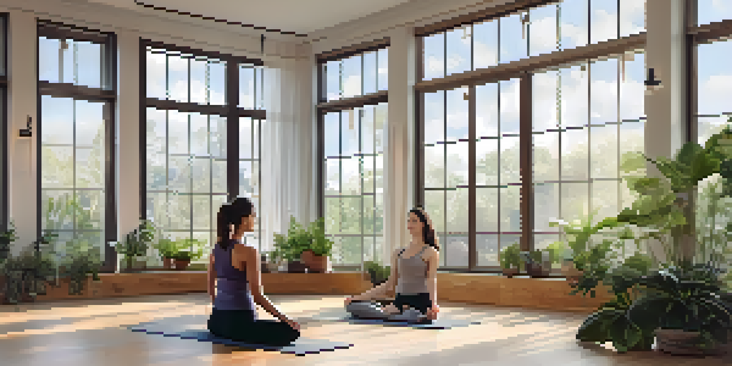 A diverse group of individuals practicing yoga in a bright, serene studio, showcasing poses like Warrior I and II with a calming atmosphere.