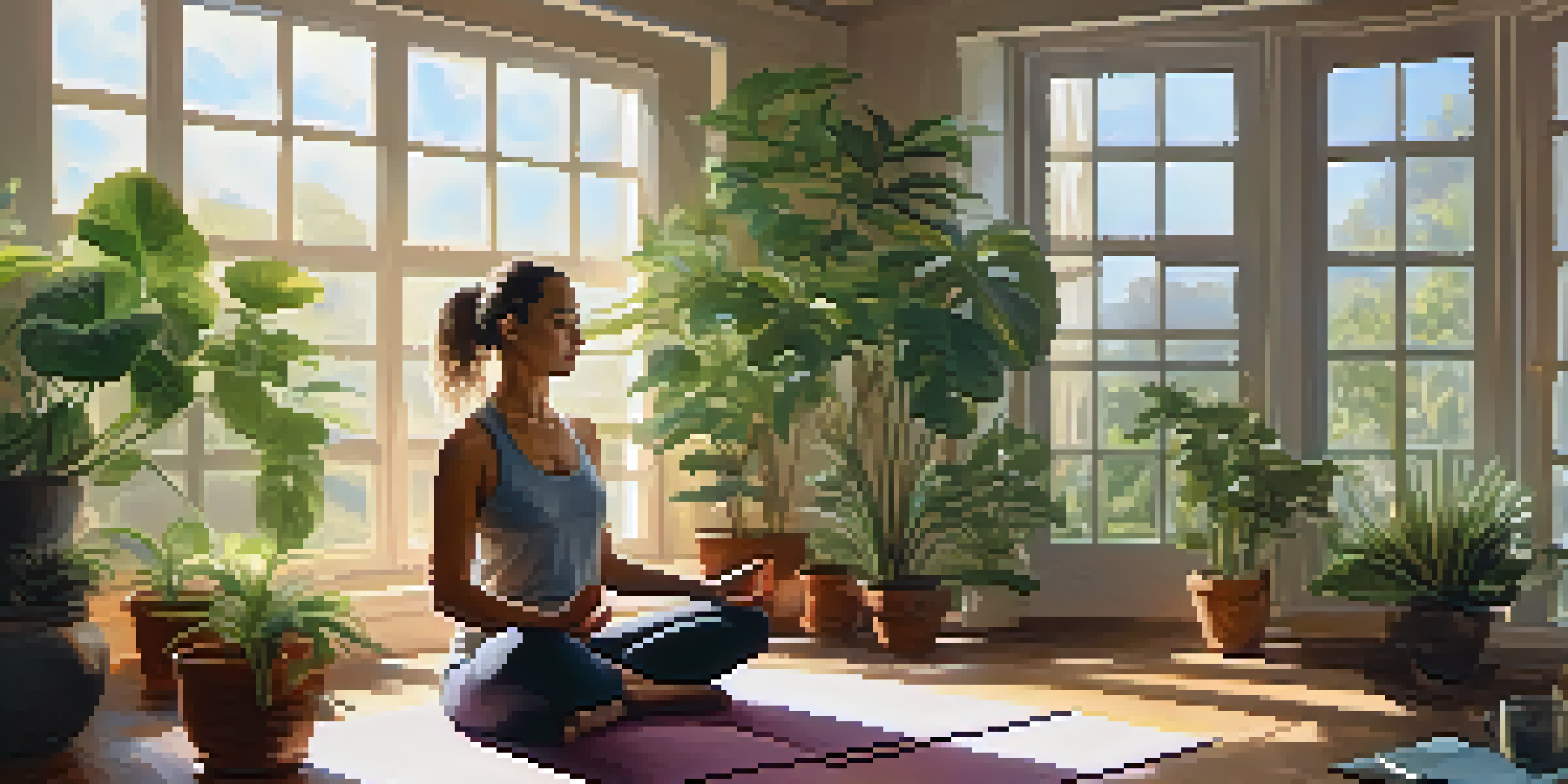 A person practicing yoga in a sunlit room with plants and a journal nearby, embodying mindfulness and reflection.