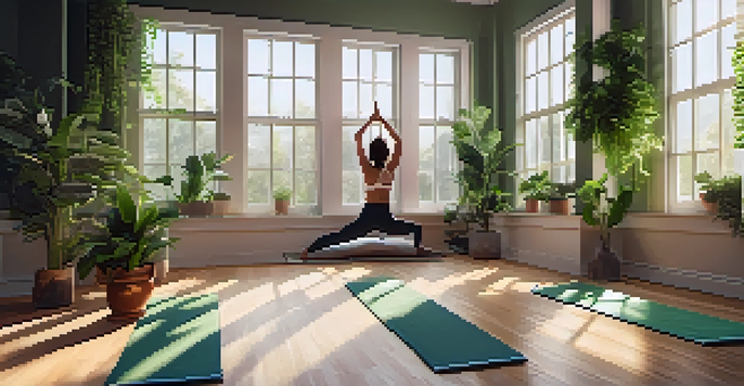A tranquil yoga studio with sunlight, plants, and a person practicing yoga.
