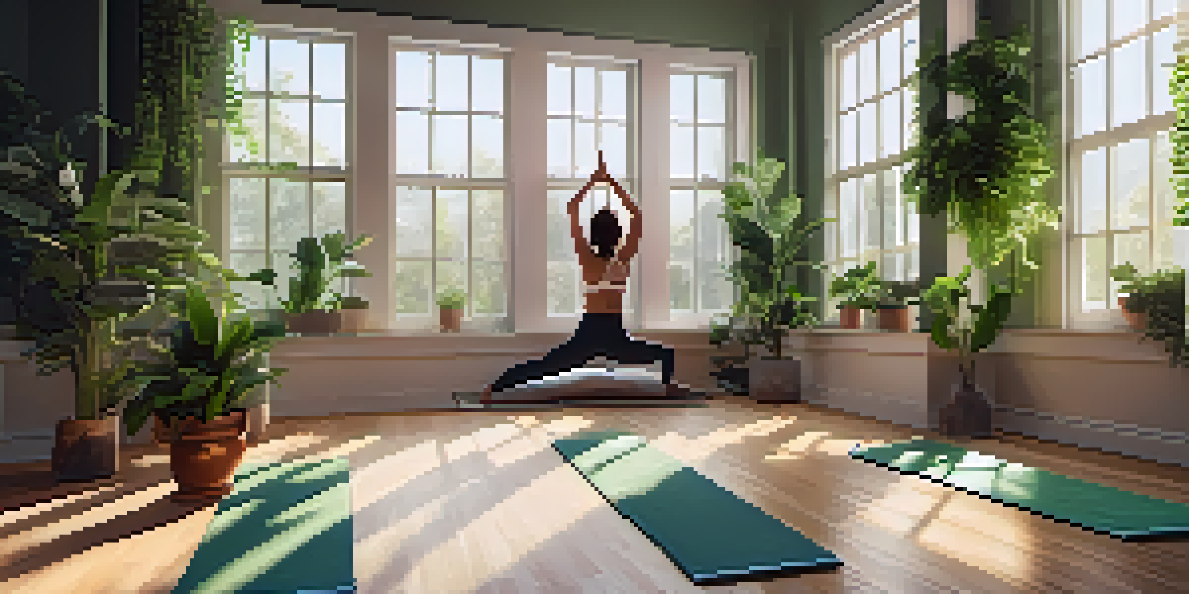 A tranquil yoga studio with sunlight, plants, and a person practicing yoga.