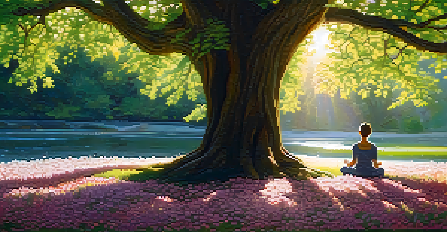 A person meditating under a tree in a peaceful park, surrounded by flowers and sunlight.