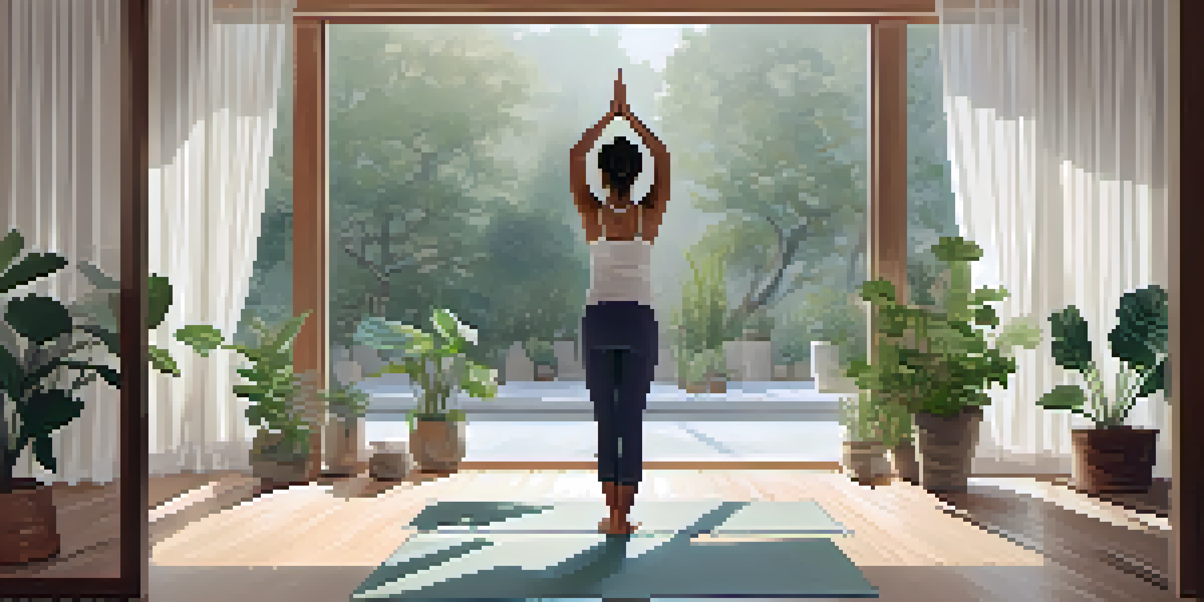 A person practicing Mountain Pose in a bright yoga studio, surrounded by plants and soft natural light.
