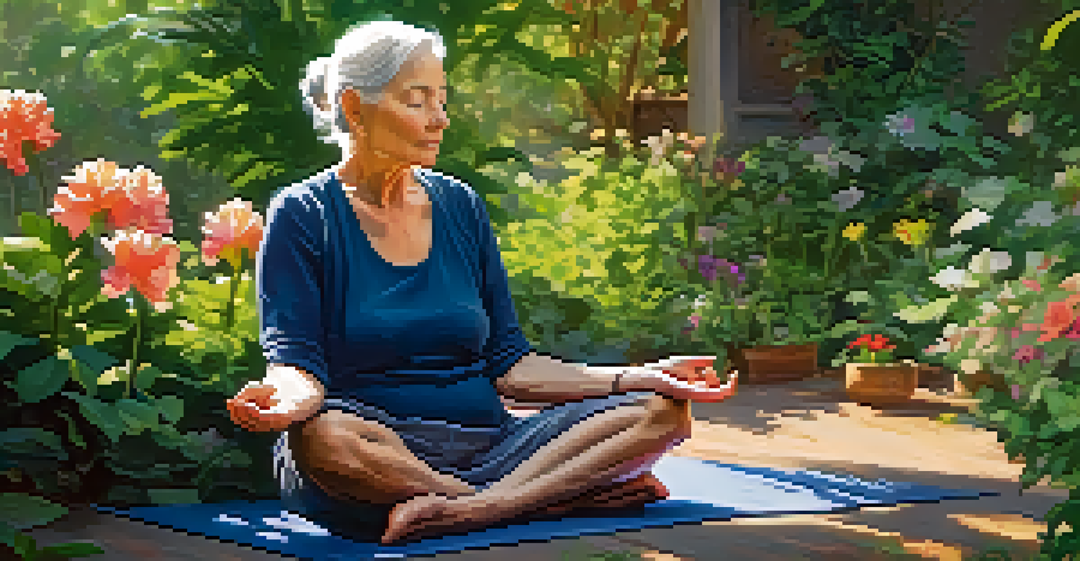 An elderly woman practicing mindfulness while seated in a vibrant garden filled with flowers and greenery.